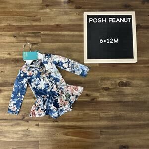 NWT Posh Peanut Blue Pink Rose Floral Long Sleeve Twirl Bodysuit Bamboo 6-12M